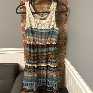 Ultra Pink Boho Dress Multicolor Crochet Detail Flowy Mini Fun Size Medium